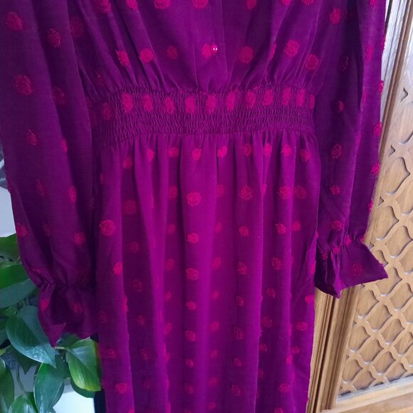 Button Down Smocked Swiss Dot Ruffle Tiered Boho Maxi Dress NWT! - Wine/Red, S - Picture 4 of 16
